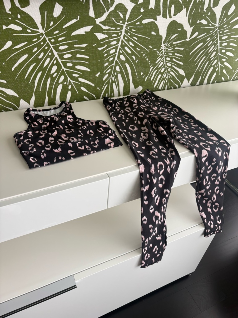 Black & Pink Leopard Print High-Rise Leggings with Matching Crop Tank